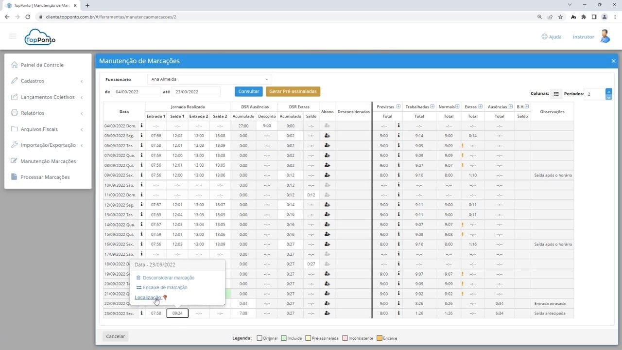 Detalhes de funcionalidades do TopPonto Web